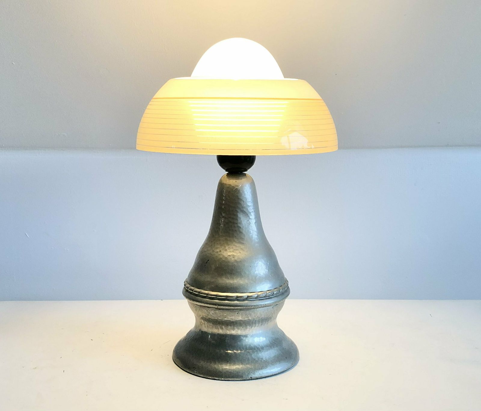 Danish Early Art Deco Hags Design Table Lamp In Pewter With Rare “Fried Egg” Glass Shade