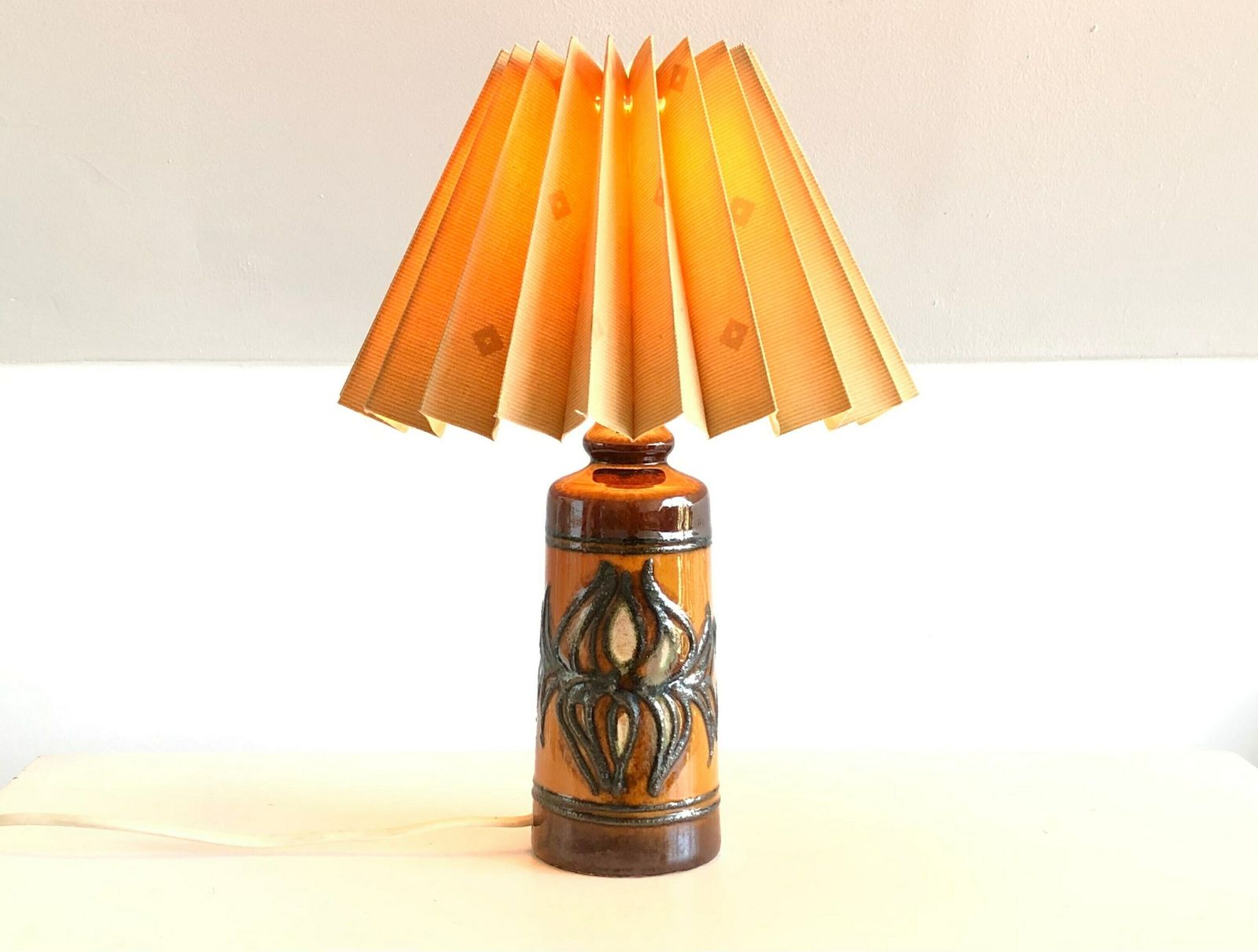 Danish Mid Century Ceramic Table Lamp With Black, Green, Beige And Brown Nuanced Glaze Decoration In Modernist Artistic Design photo vintage