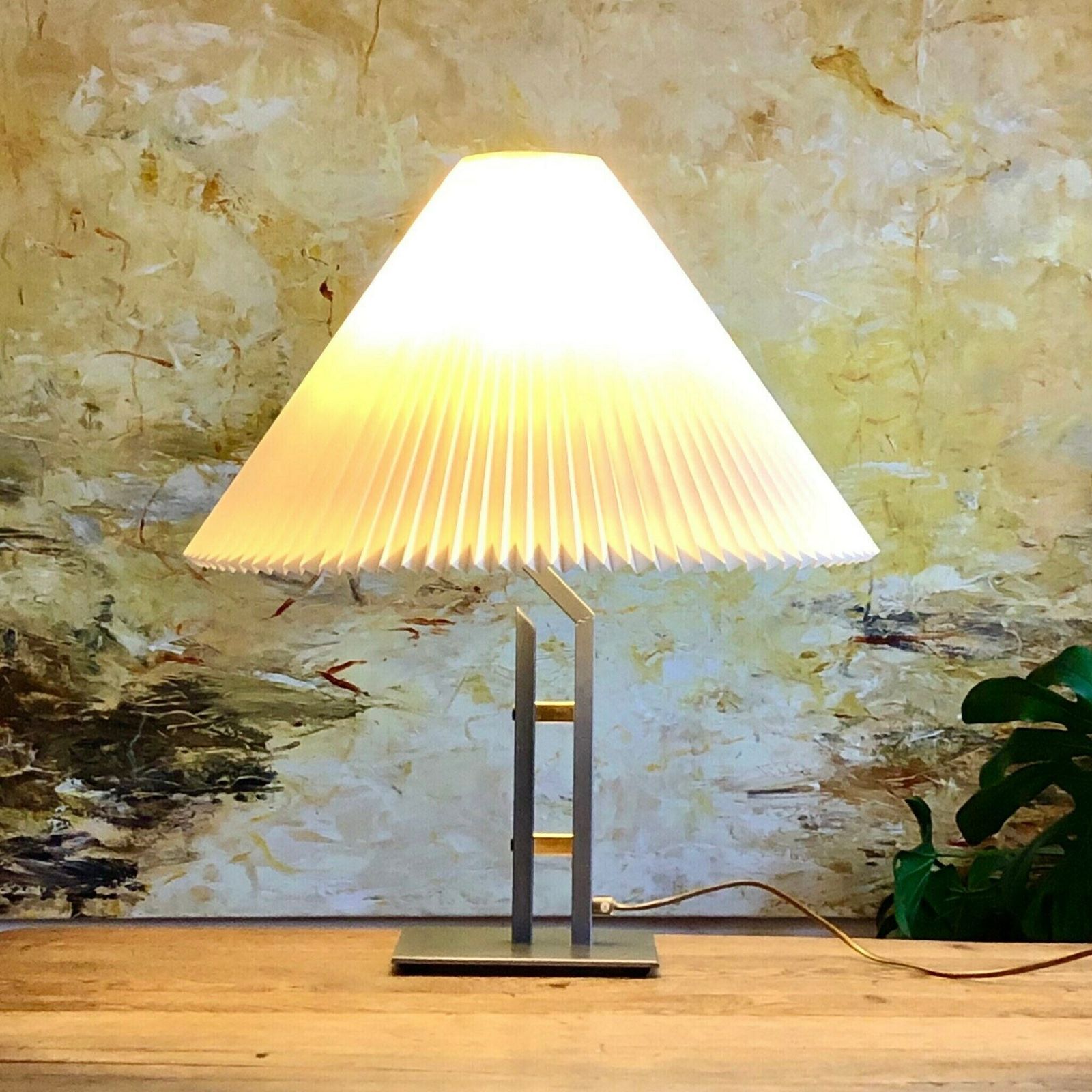 Danish Design Postmodern Table Lamp In Grey And Gold Metal With Large Le Klint Pleated Shade