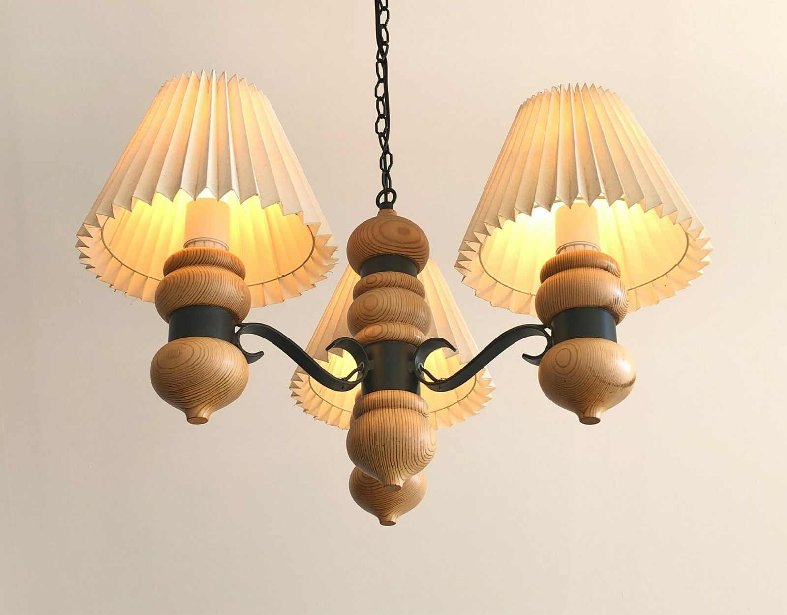 Gorgeous And Cozy Danish Mid Century Vintage Pine Wood Three Armed Ceiling Lamp With Black Metal Details And White Pleated Fabric Shades photo vinterior