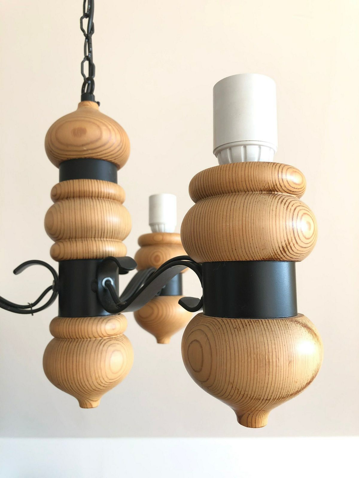 Gorgeous And Cozy Danish Mid Century Vintage Pine Wood Three Armed Ceiling Lamp With Black Metal Details And White Pleated Fabric Shades photo buy