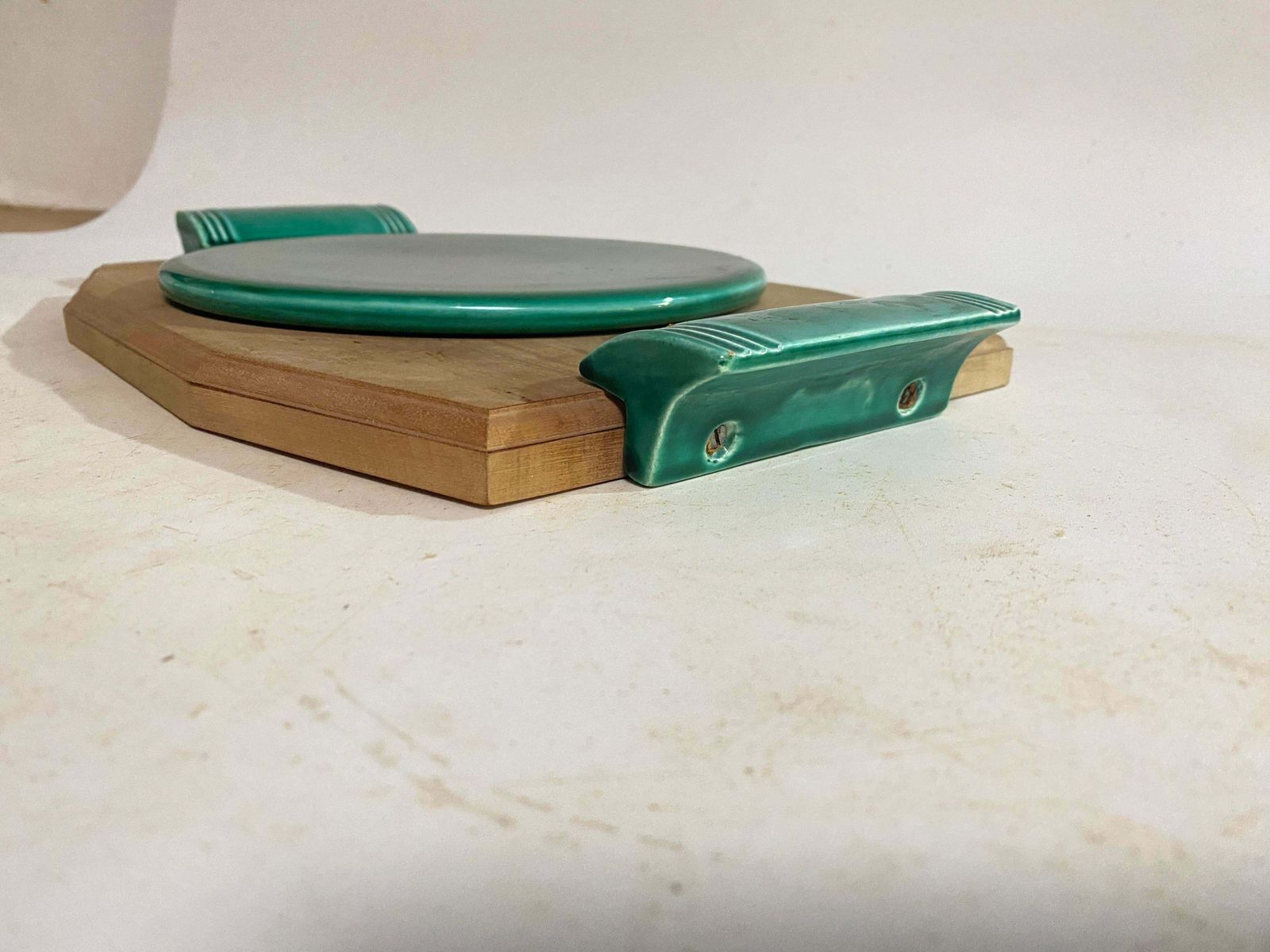 Cheese Tray In Ceramic And Wood France 1970s Brown And Green Color photo Home Decor