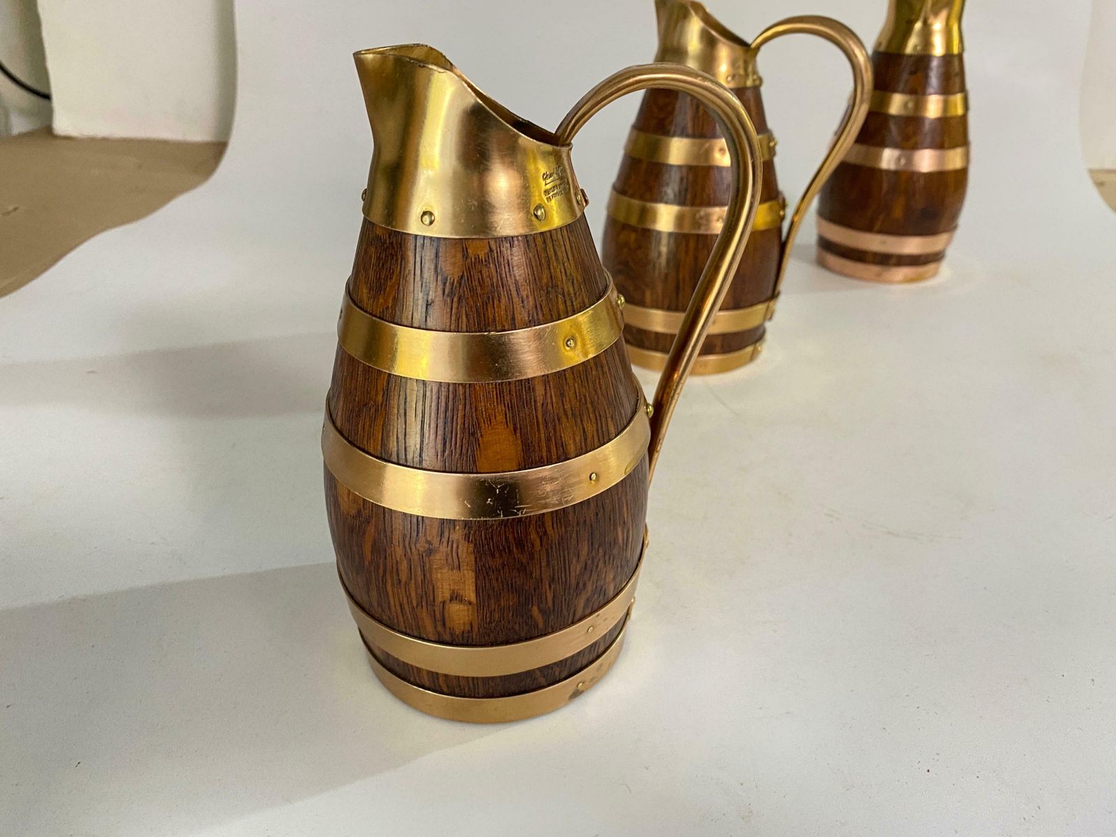 Gerard Lafitte Oak And Brass Barrel Form Pitcher Wooden Jug France 1933 Set Of 3 photo furniture