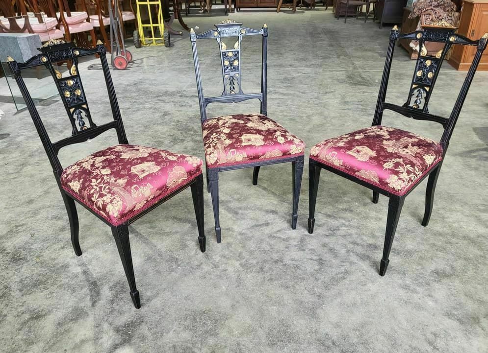 Antique Edwardian 3 Black Gold Carved Open Chairs Red Silk Fabric Tapered Legs