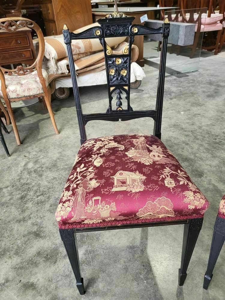 Antique Edwardian 3 Black Gold Carved Open Chairs Red Silk Fabric Tapered Legs photo buy