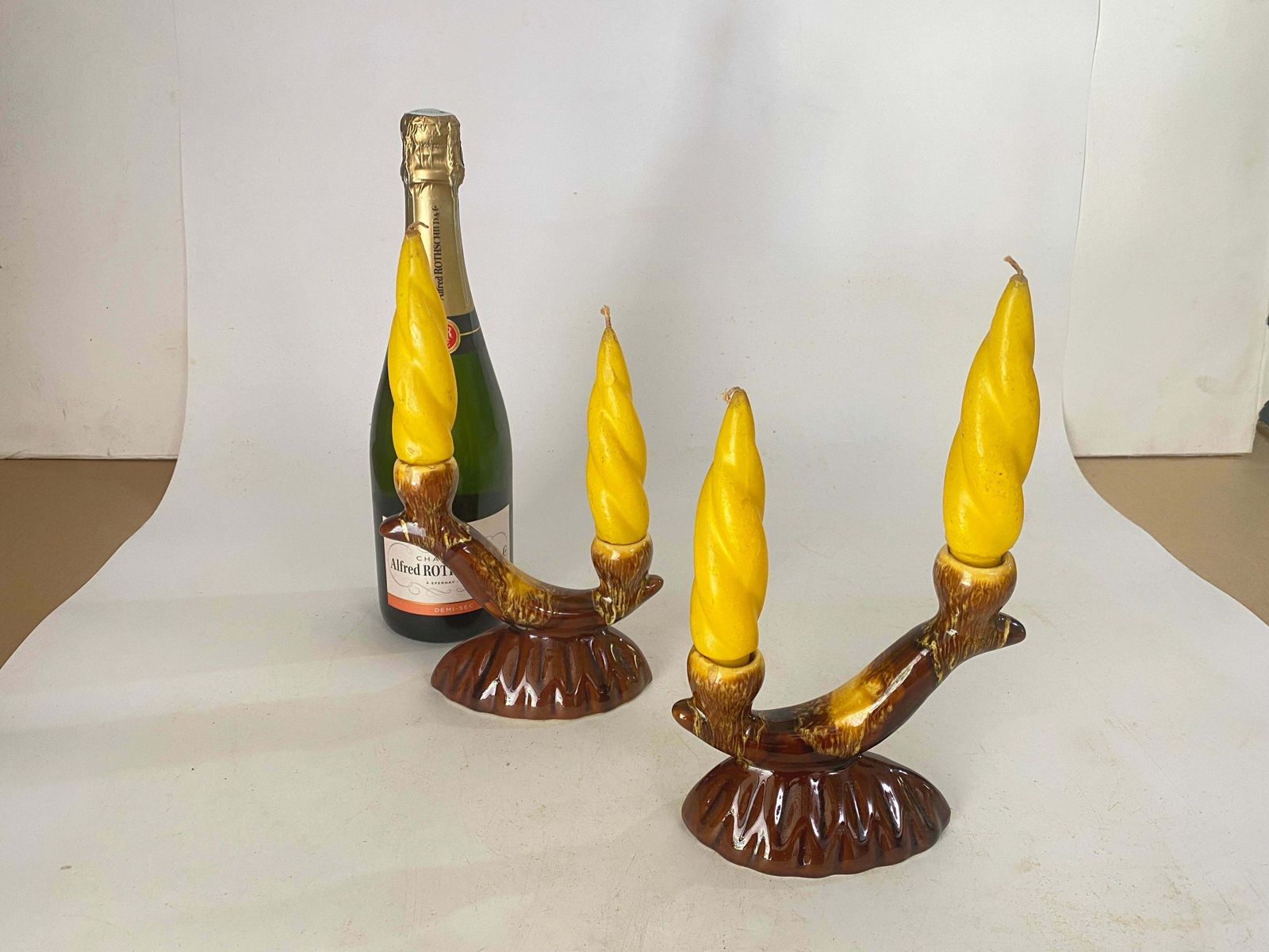 photo for sale French Pair Pair Of Candle Holder Ceramic France 1970s With Yellow Old Candles