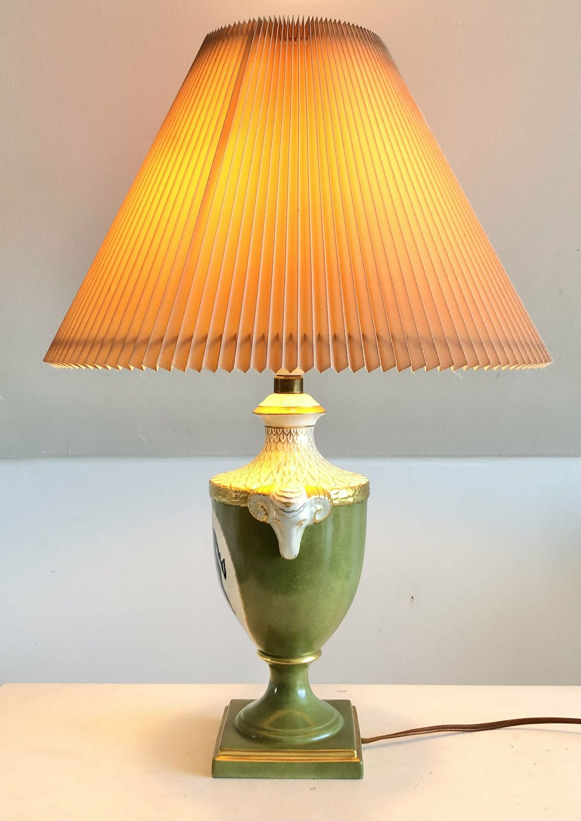 Mid Century Beautiful German Porcelain Handpainted Table Lamp In Gold And Green With Ram Heads   Design By Alka Kunst Bavaria photo 246.0