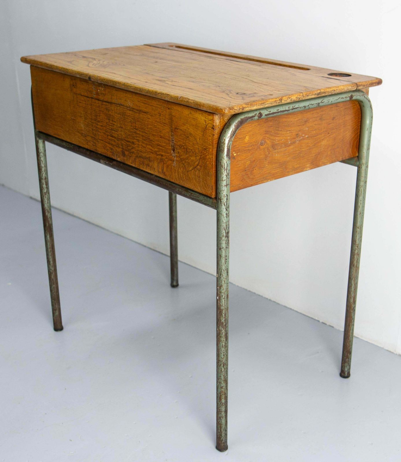 Student Oak & Iron Writing Table Slant Top Desk France, Mid 20th C photo for sale