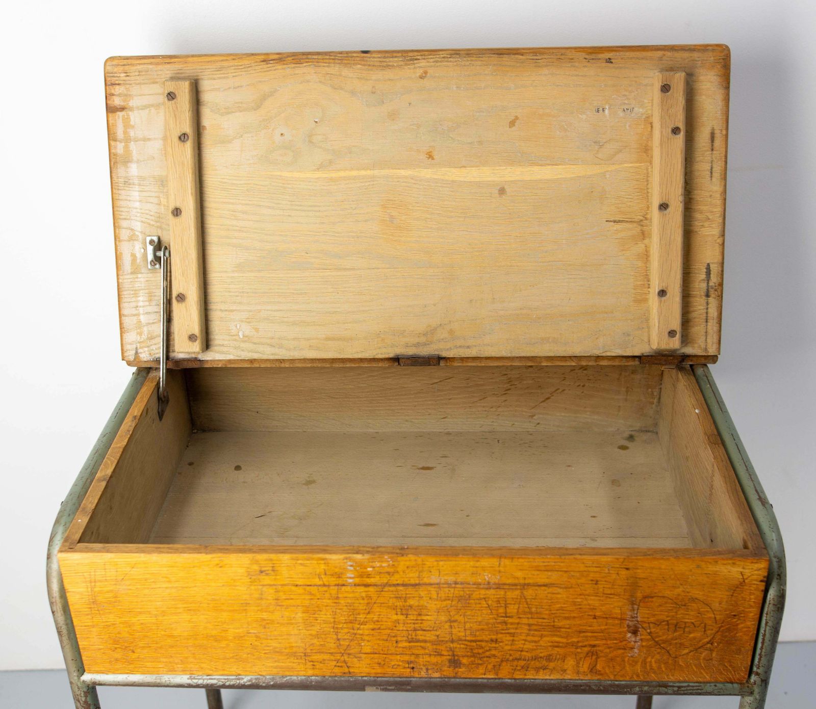 photo for sale Student Oak & Iron Writing Table Slant Top Desk France, Mid 20th C