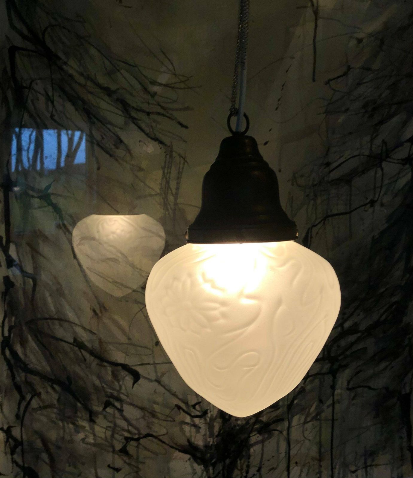 Mid Century Danish Art Deco Style Ceiling Lamp In White Frosted Glass With Organic Flower Pattern photo furniture