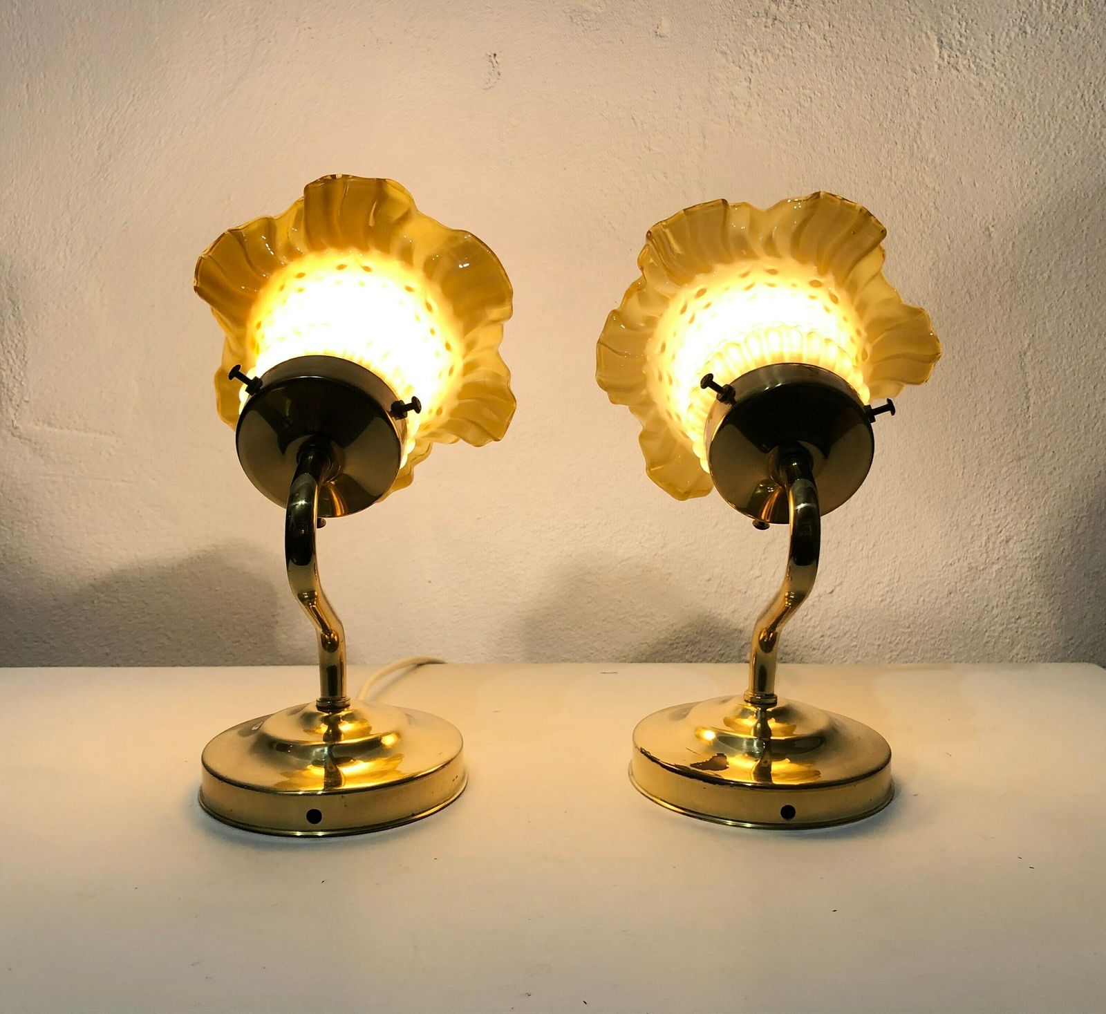 Pair Of Danish Mid Century Vintage Wall Lamps With Pale Yellow Glass Shades And Brass Details   Design By Abo Randers, Denmark photo buy
