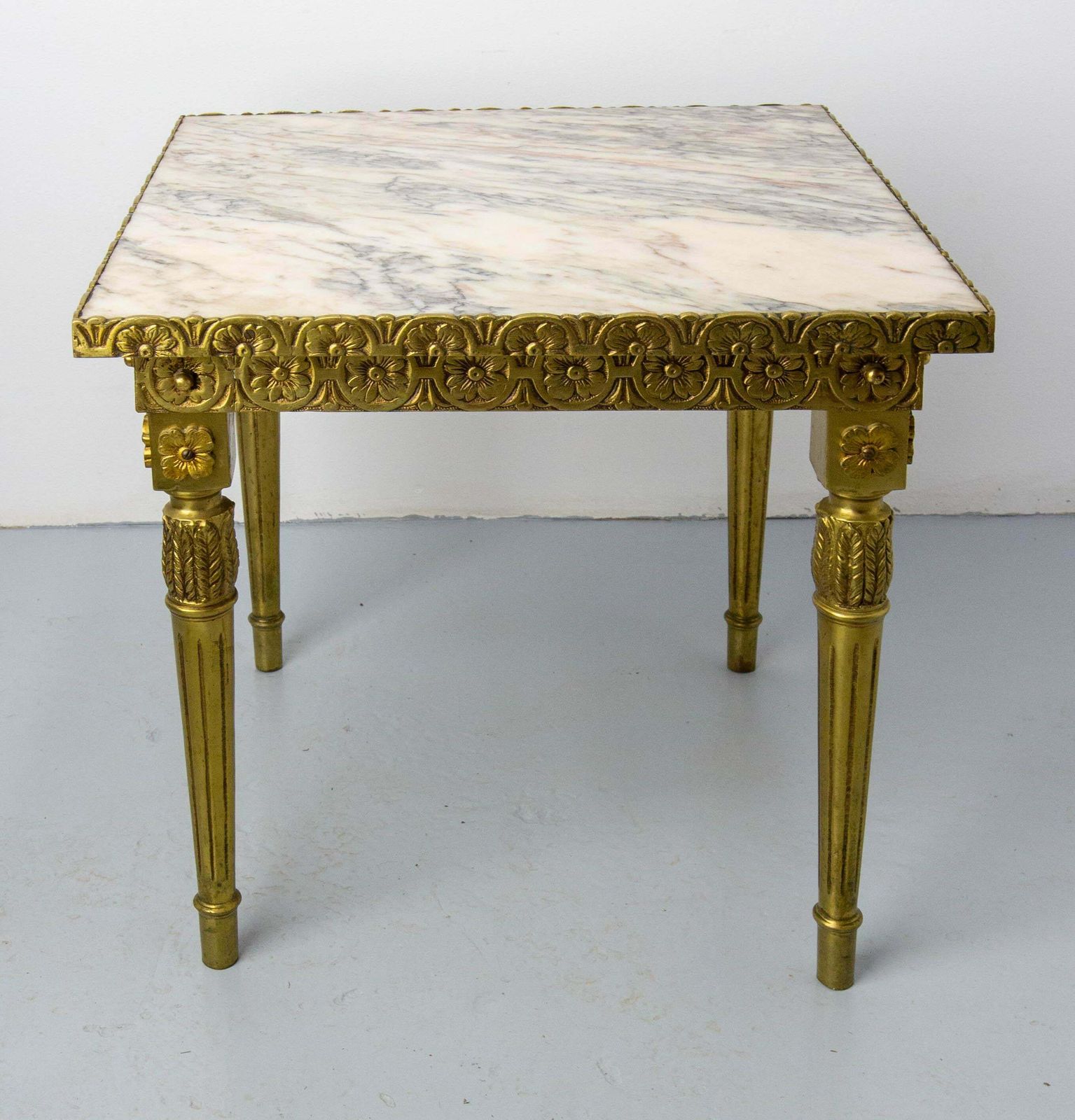 Louis XVI Style Square Side Low Table Brass Marble French, Circa 1960 photo furniture
