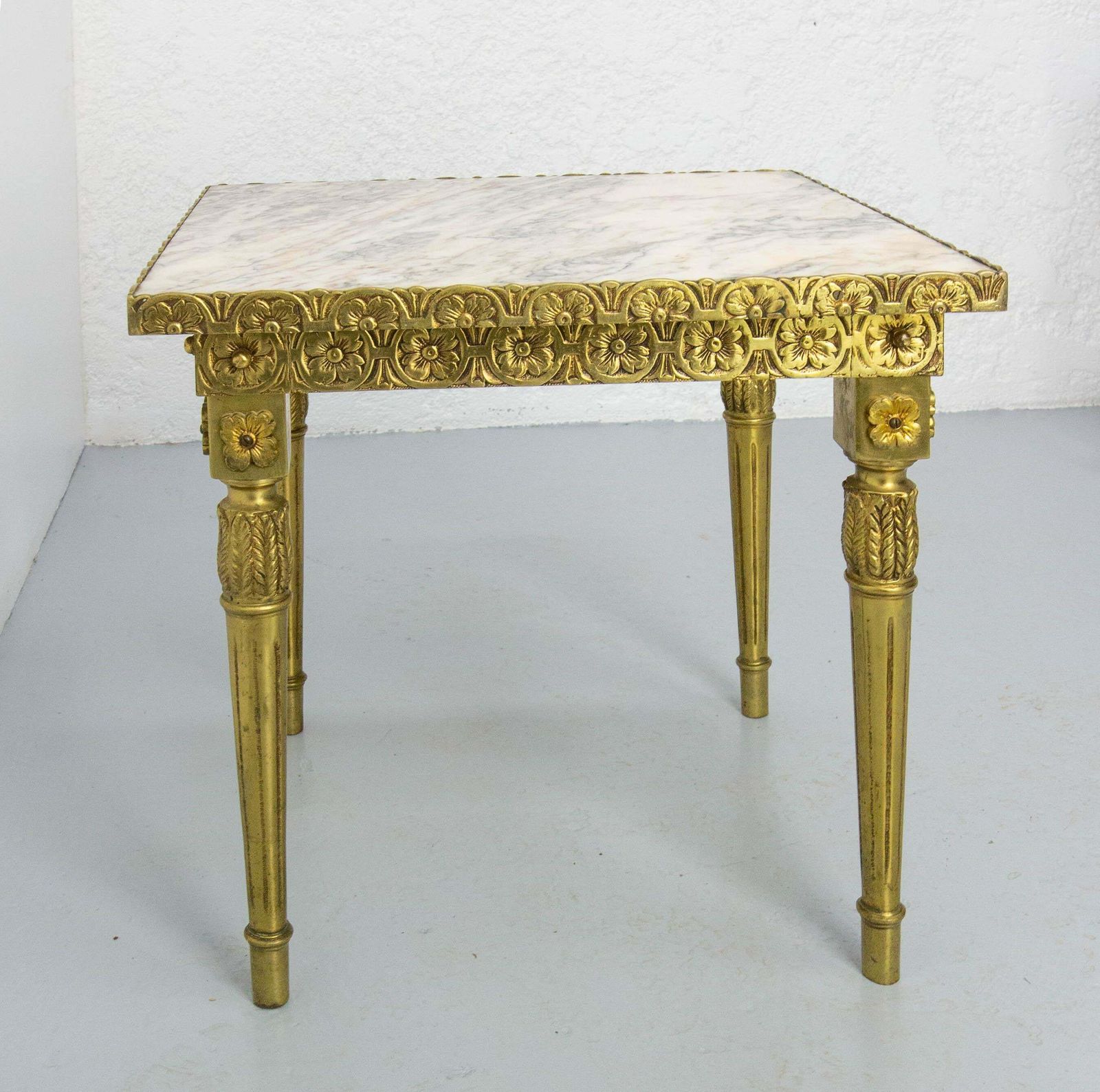 Louis XVI Style Square Side Low Table Brass Marble French, Circa 1960 photo 790.0