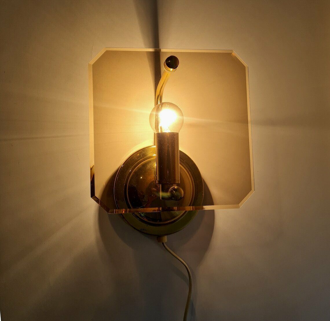 Vintage Hollywood Regency Brass And Smoky Glass Wall Lamp Very Beautiful Decor Element photo for sale
