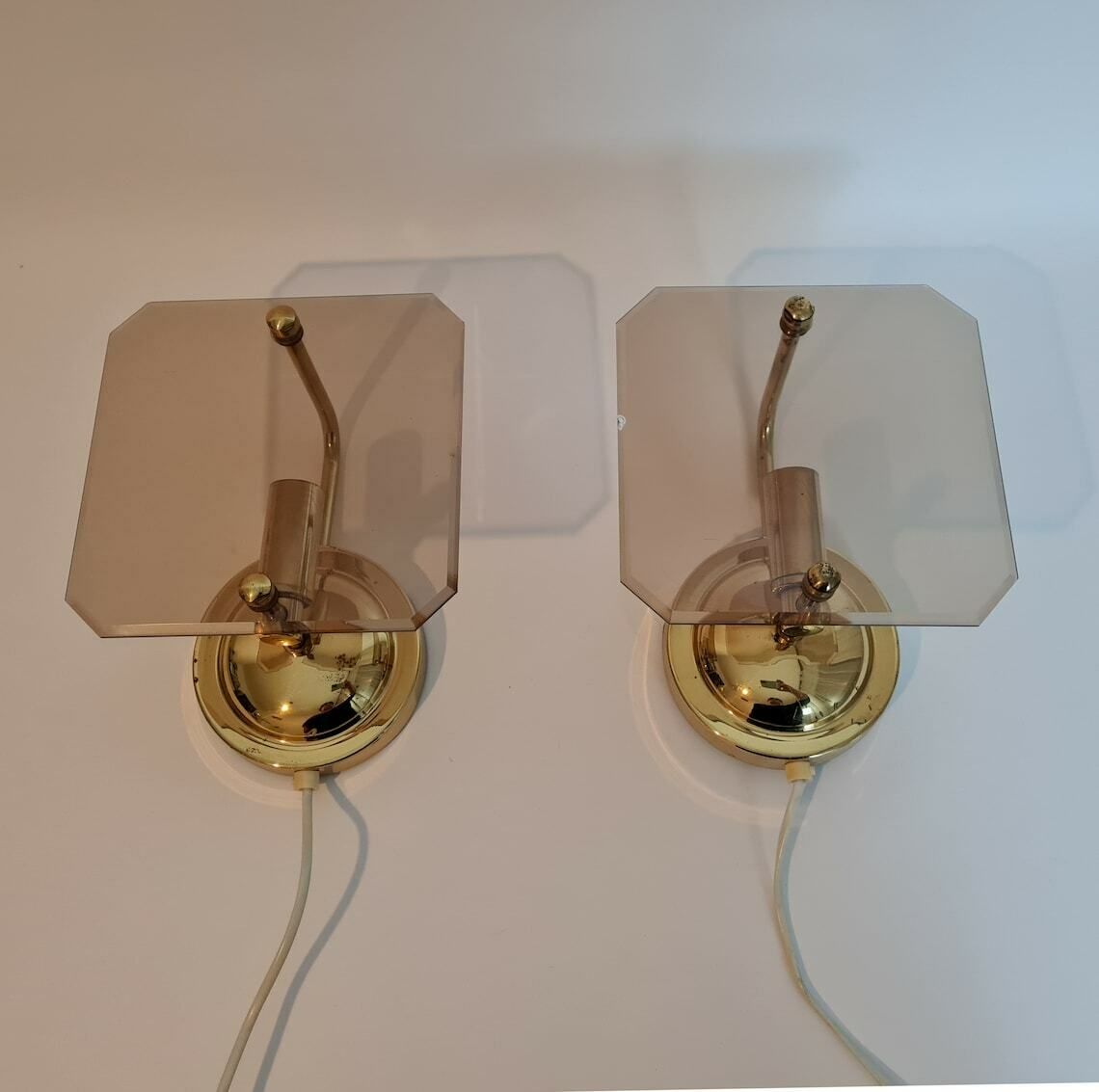 Vintage Hollywood Regency Brass And Smoky Glass Wall Lamp Very Beautiful Decor Element photo buy