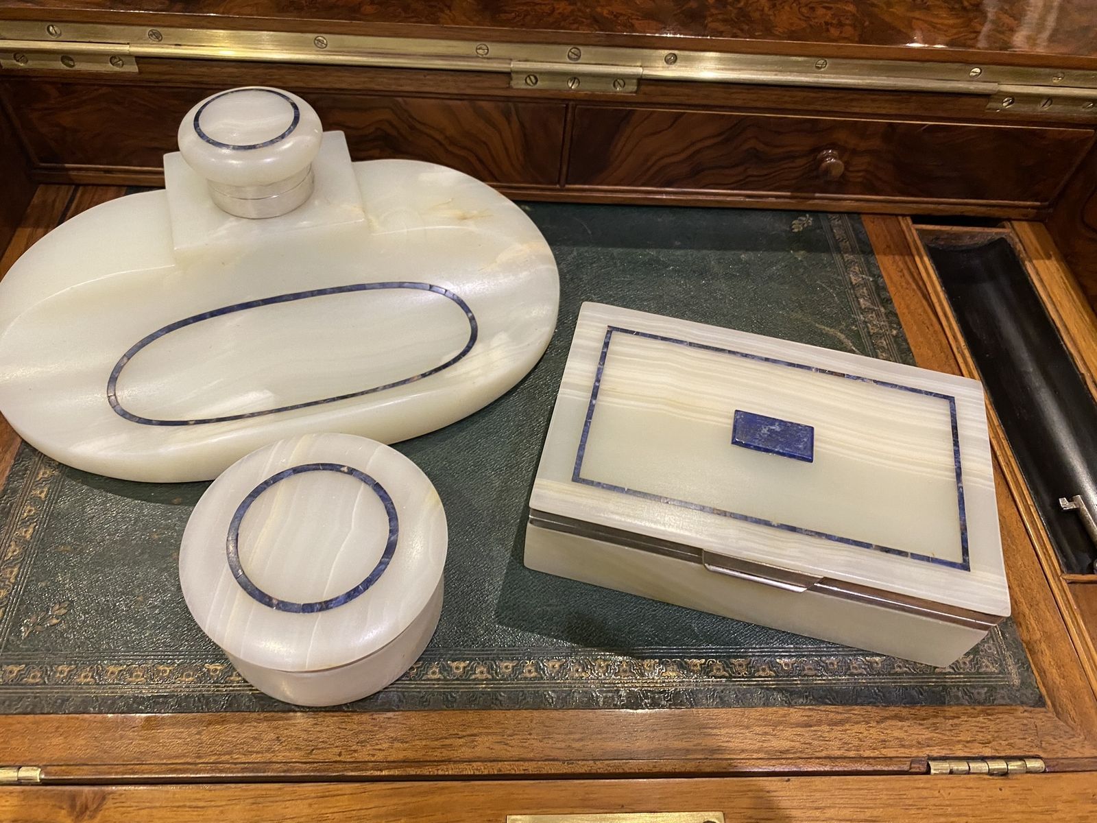 photo furniture Art Deco Onyx, Lapis & Silver Desk Set, By George Betjemann For Aspreys, London, 1921