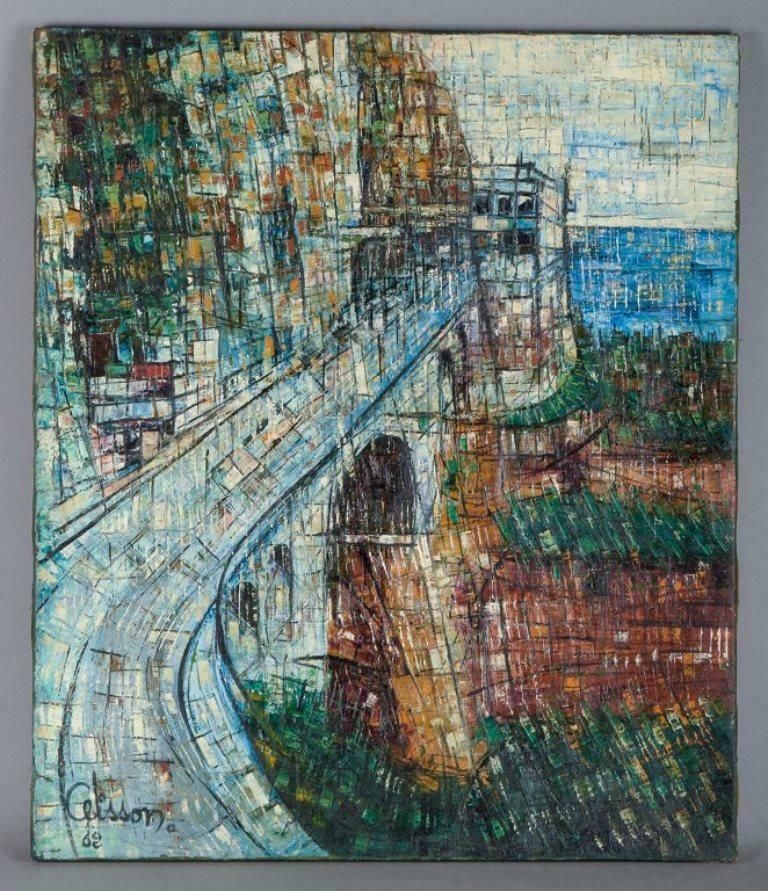 Celisson, French Artist, Futuristic Landscape. Oil On Canvas. 1962 photo furniture