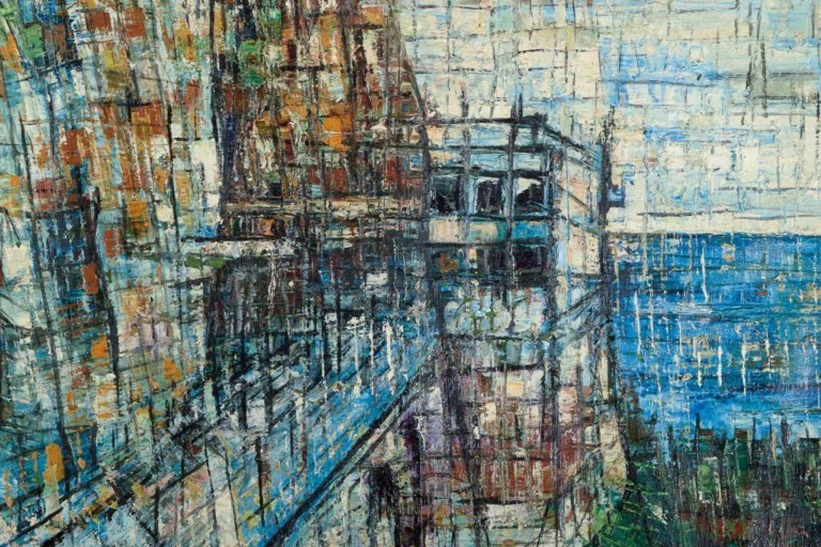 Celisson, French Artist, Futuristic Landscape. Oil On Canvas. 1962 photo Art