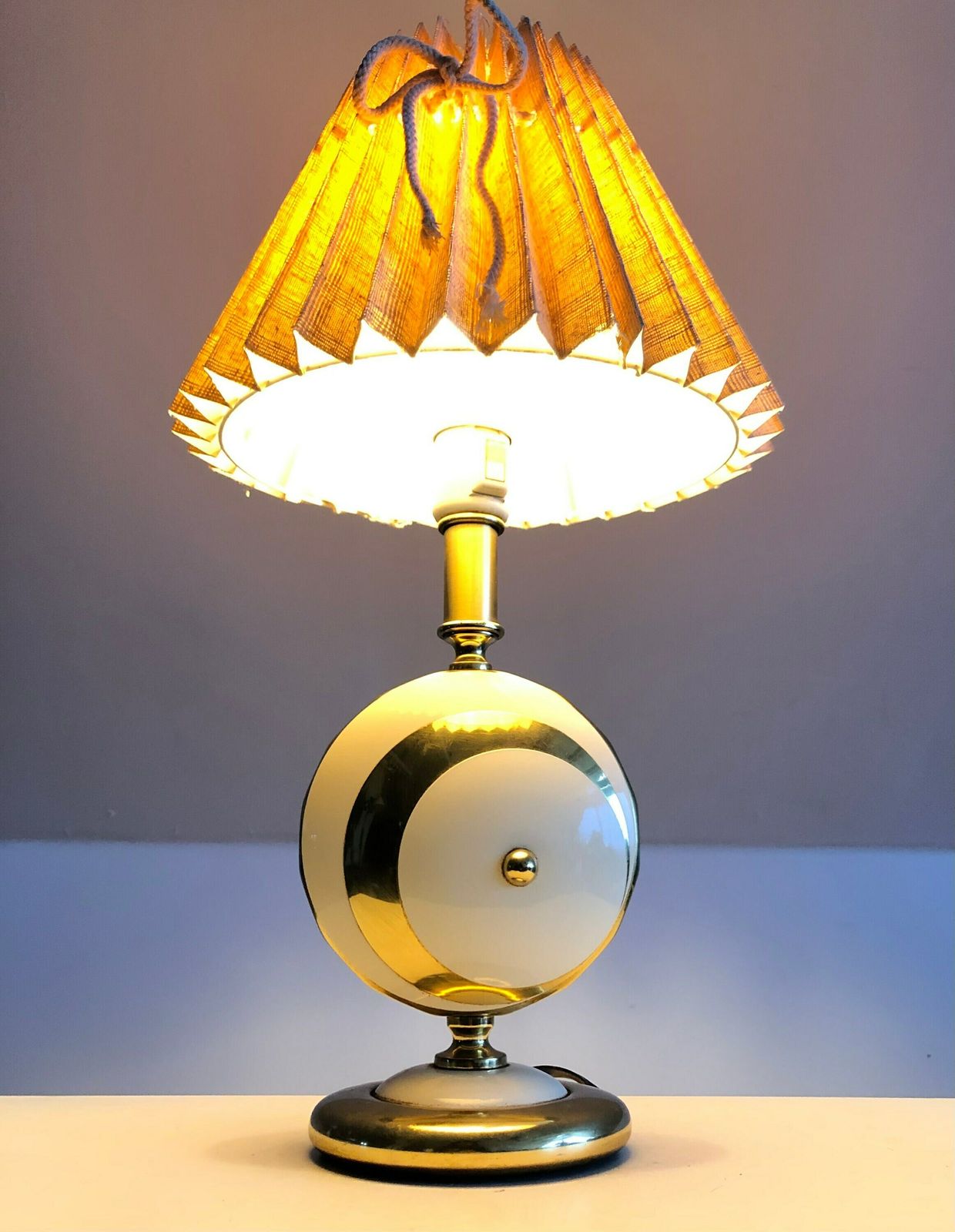 Mid Century Modern Danish Table Lamp With Circular Shapes In White And Brass With Beige Vintage Pleated Shade   Design By Ts Belysning photo furniture