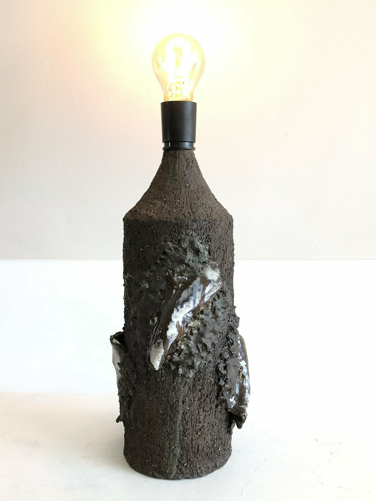 Danish Sculptural Ceramic Mid Century Table Lamp With Organic Shapes In Raw Clay With Blue And White Glaze photo vintage