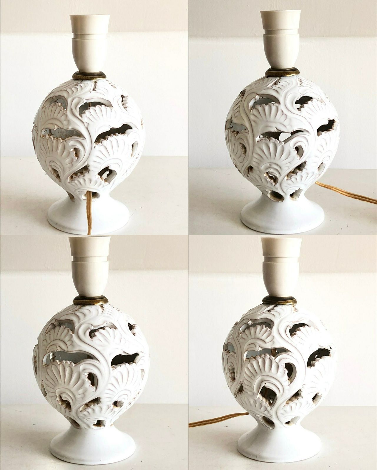 Danish Art Deco Ceramic White Glaze Table Lamp With Beautiful Organic Carved Pattern And Dark Rose Fabric Pleated Shade photo vinterior