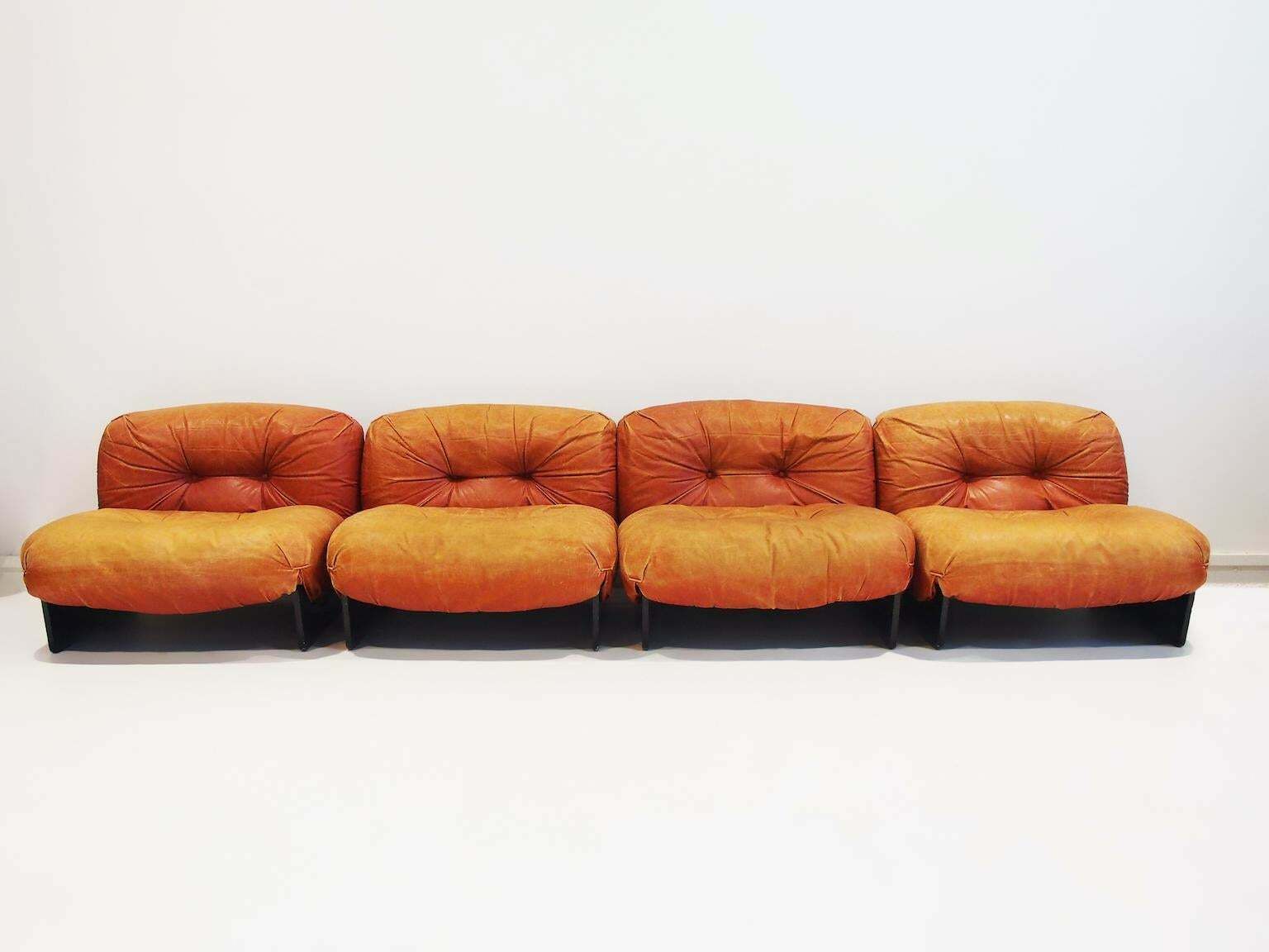 Set Of Four Giuseppe Munari Modular Lounge Chairs Upholstered In Cognac Leather photo furniture