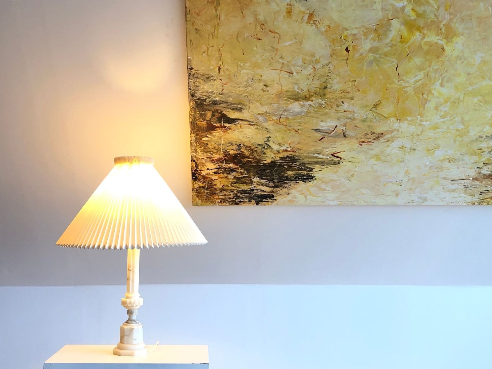 Gorgeous Large Vintage White Alabaster Empire Style Statement Table Lamp With Huge Original Le Klint Pleated Shade In White