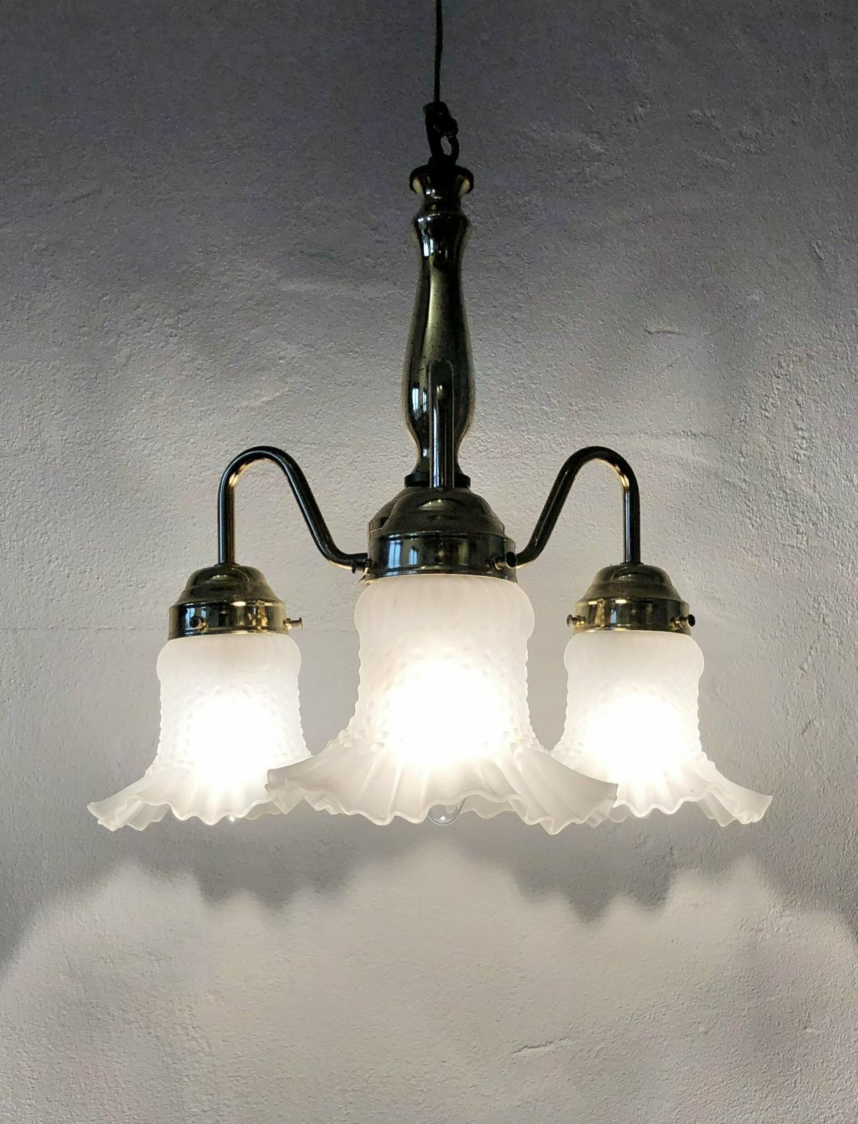 Danish Mid Century Beautiful And Romantic Three Armed Ceiling Lamp With Patterned Glass Shades And Gold Metal Details photo 283.0