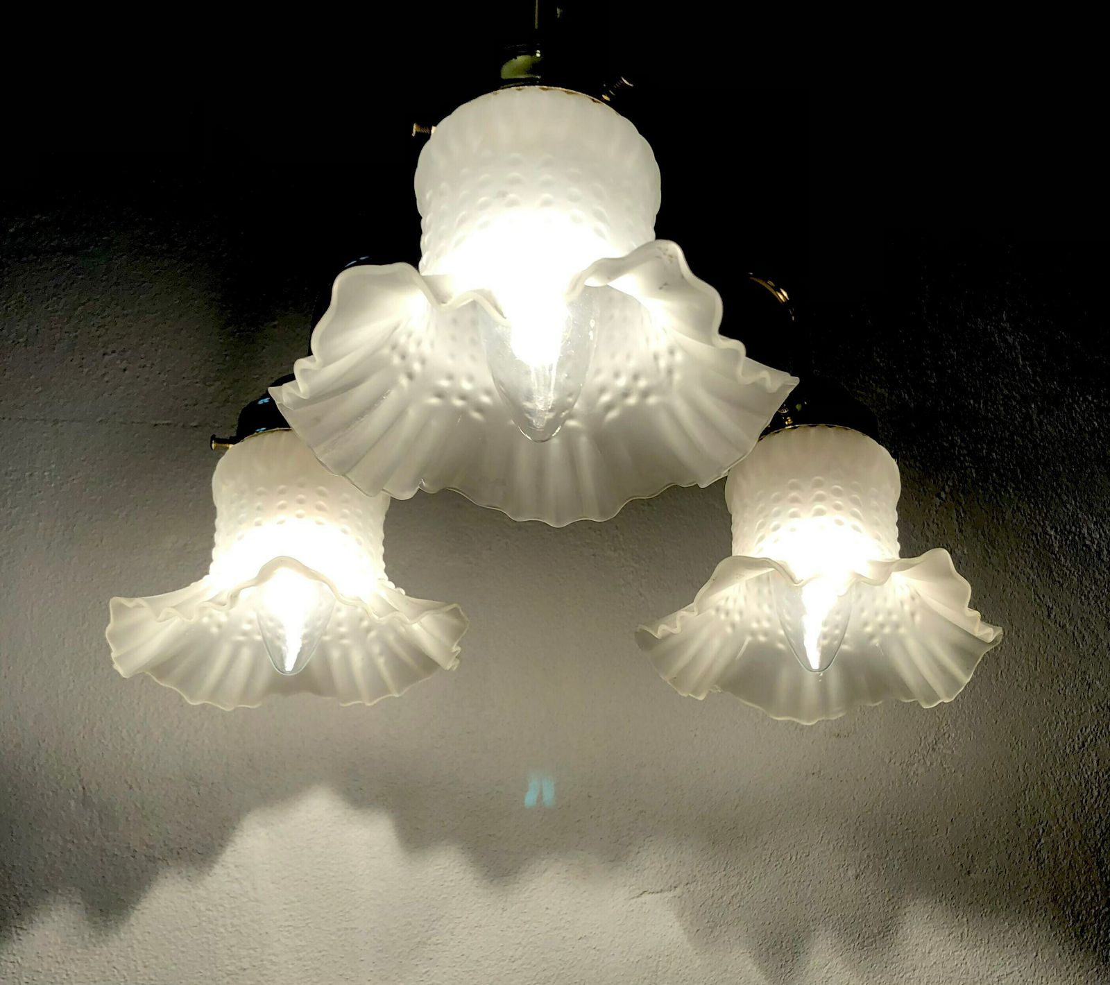 Danish Mid Century Beautiful And Romantic Three Armed Ceiling Lamp With Patterned Glass Shades And Gold Metal Details photo vinterior