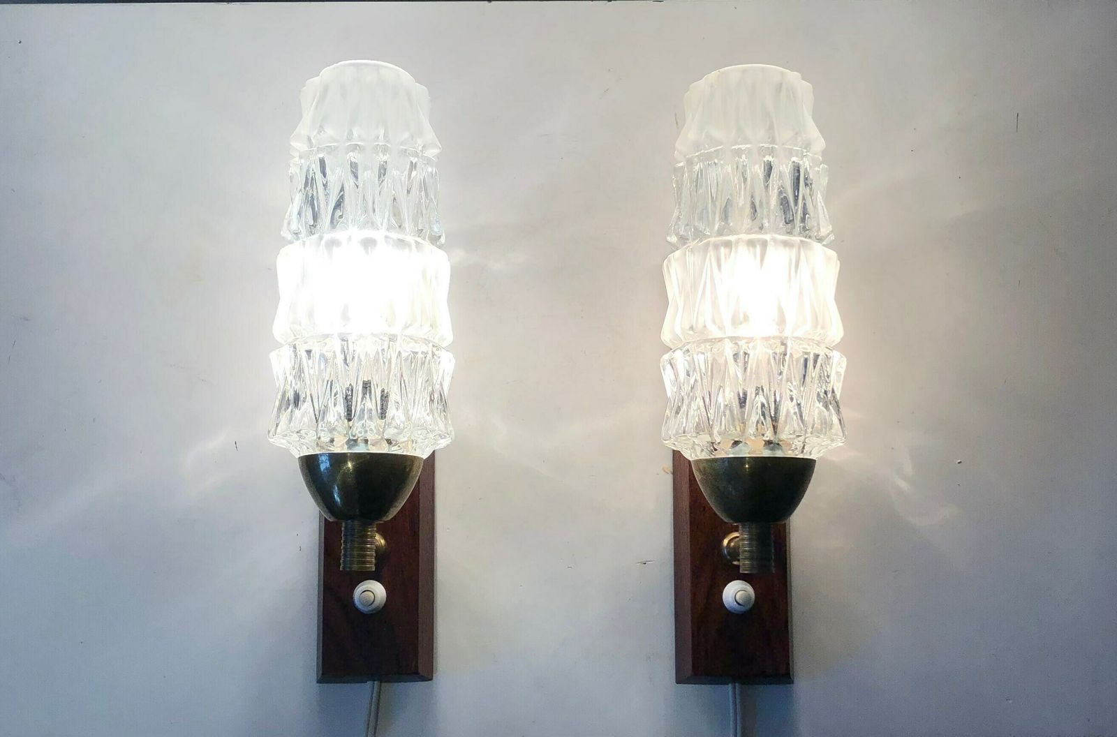 Pair Of Danish Mid Century Teak Wood Wall Lamps With Heavy Glass Shades In Spike Pattern   Design By J. Sommer photo furniture