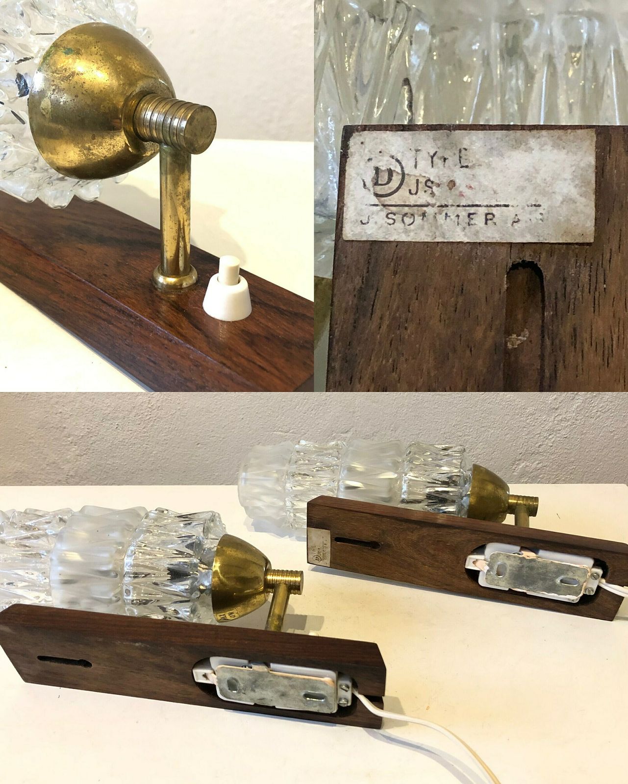 photo furniture Pair Of Danish Mid Century Teak Wood Wall Lamps With Heavy Glass Shades In Spike Pattern   Design By J. Sommer