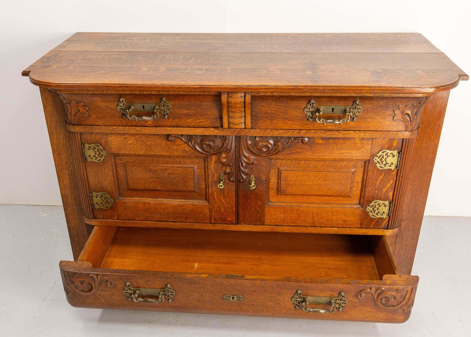 photo for sale French Huge Oak & Bronze Buffet Neogothic Style Acanthus Leaves Circa 1900