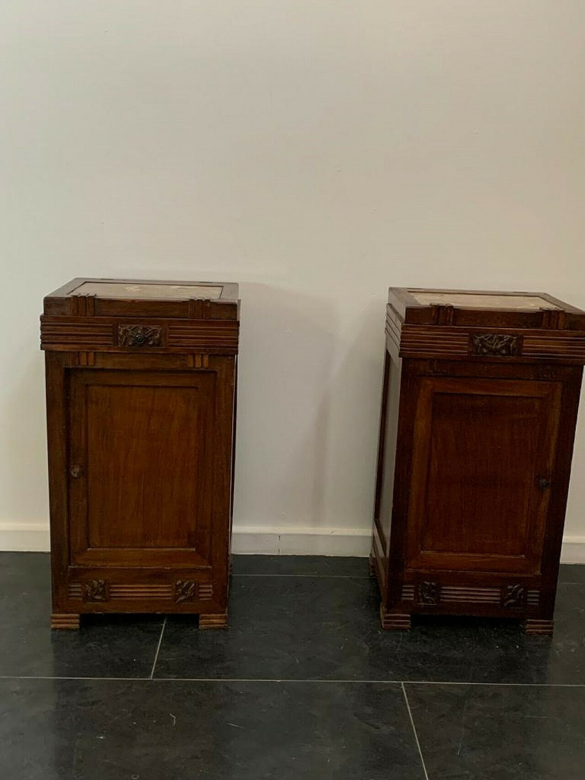 Furniture Pair Of Art Nouveau Cherry Wood Bedside Tables, Early 20th Century photo