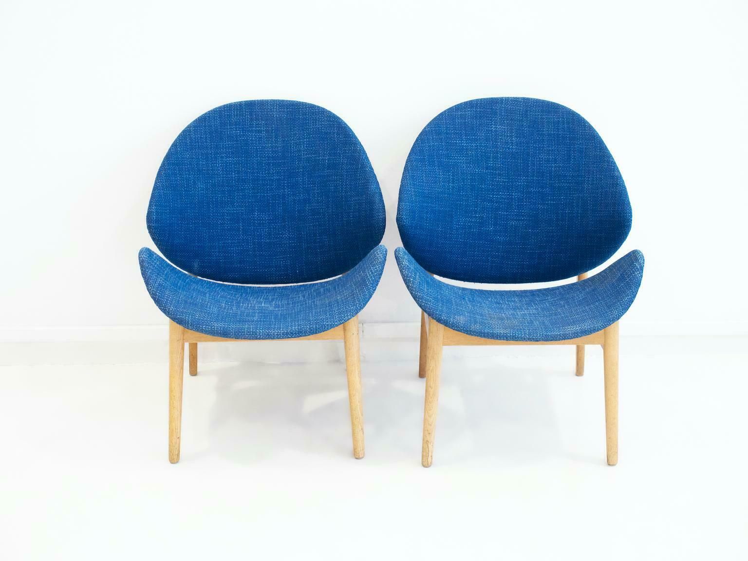 Pair Of Blue Hans Olsen Model 134 Oak Chairs photo for sale