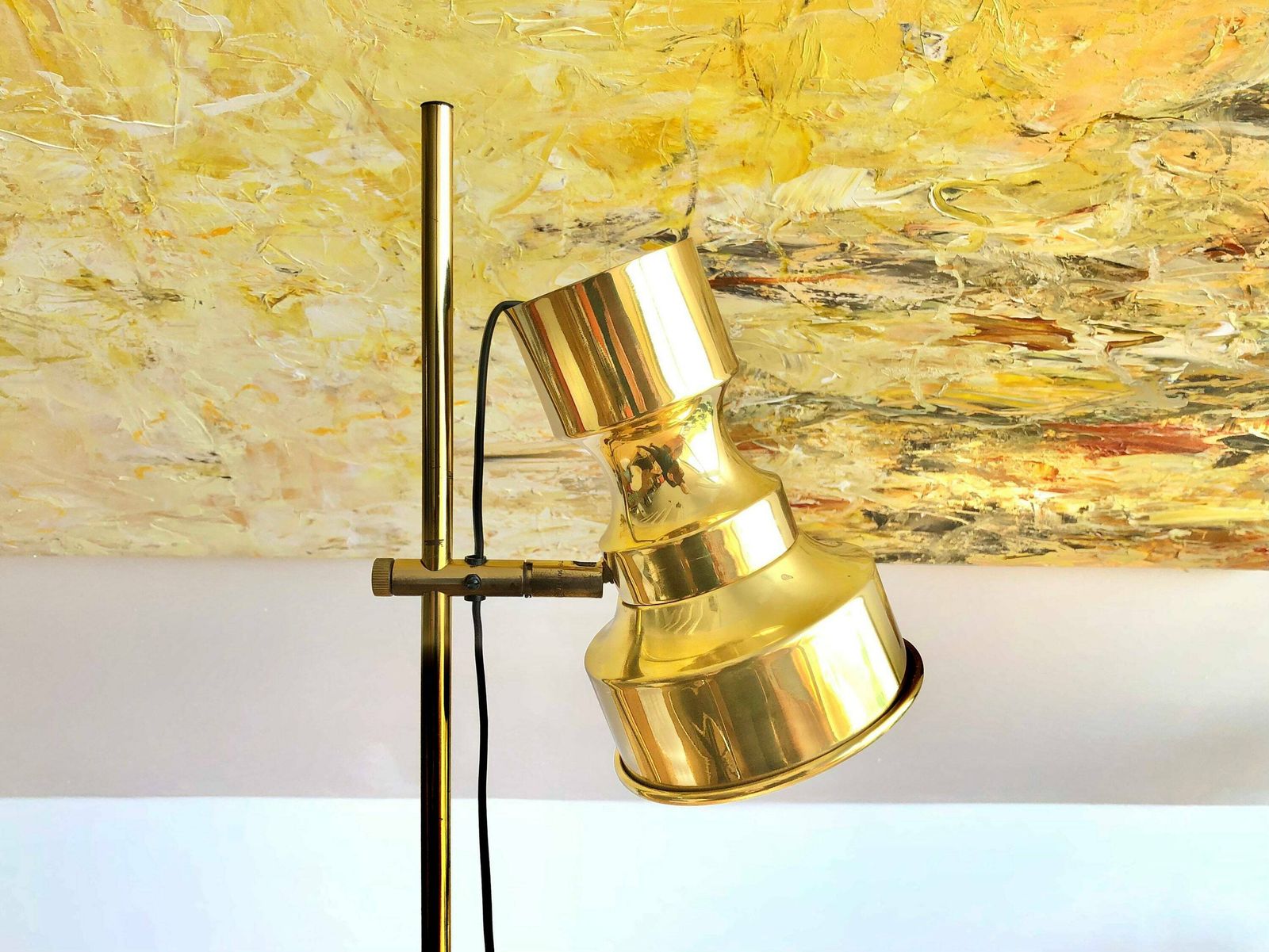 Danish Mid Century Modern Floor Lamp In Brass And Gold Painted Metal In Elegant Design