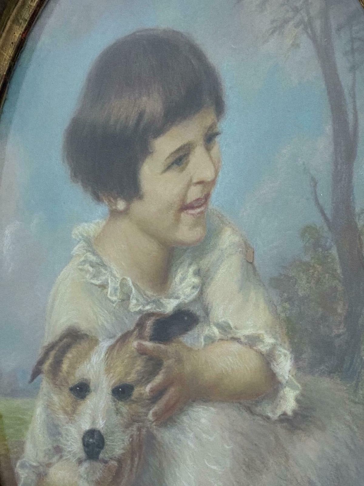 Antique French Pastel Painting "Portrait Of Little Girl With Dog" 1925 Signed photo buy