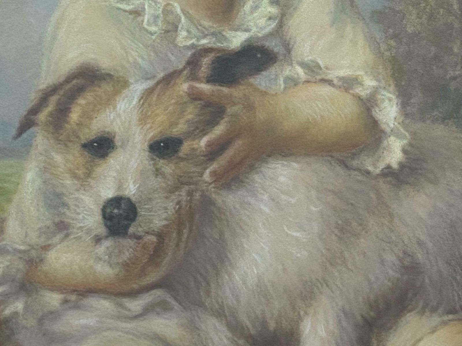 photo for sale Antique French Pastel Painting "Portrait Of Little Girl With Dog" 1925 Signed