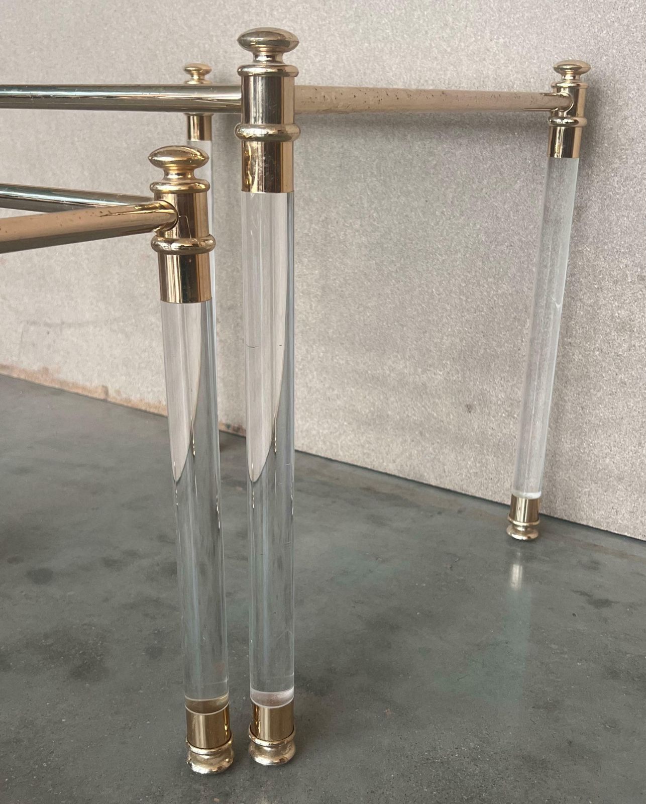 2319.0 Set Of Three Vintage Lucite An Brass Nesting Tables With Glass Top photo