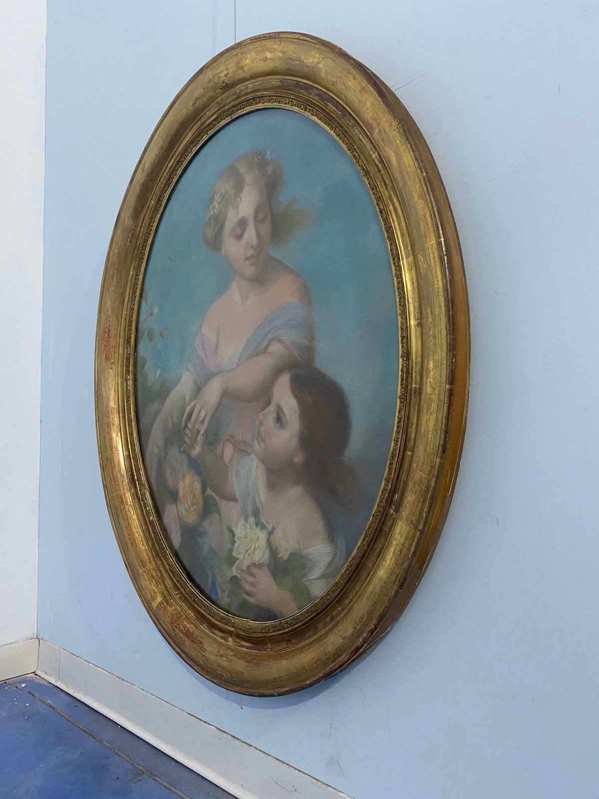 Antique French Pastel Painting "Mother With Child" From The Early 1900s photo Art