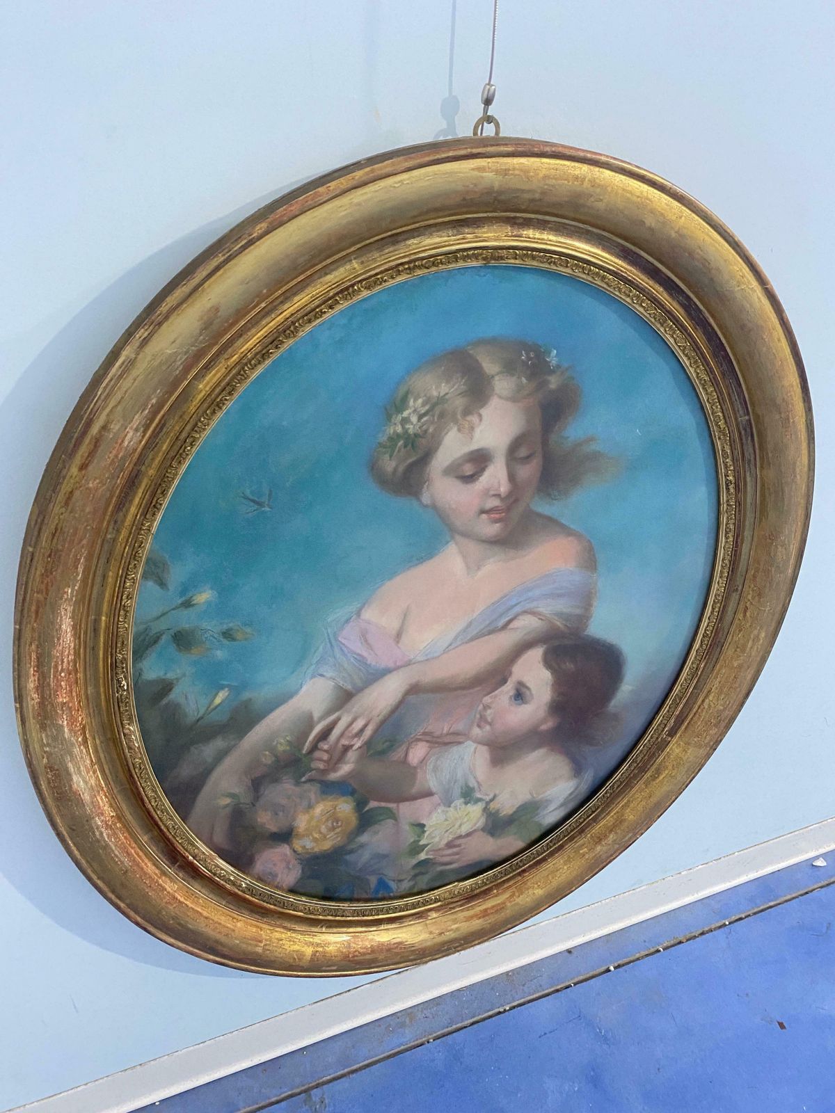 Antique French Pastel Painting "Mother With Child" From The Early 1900s photo vinterior