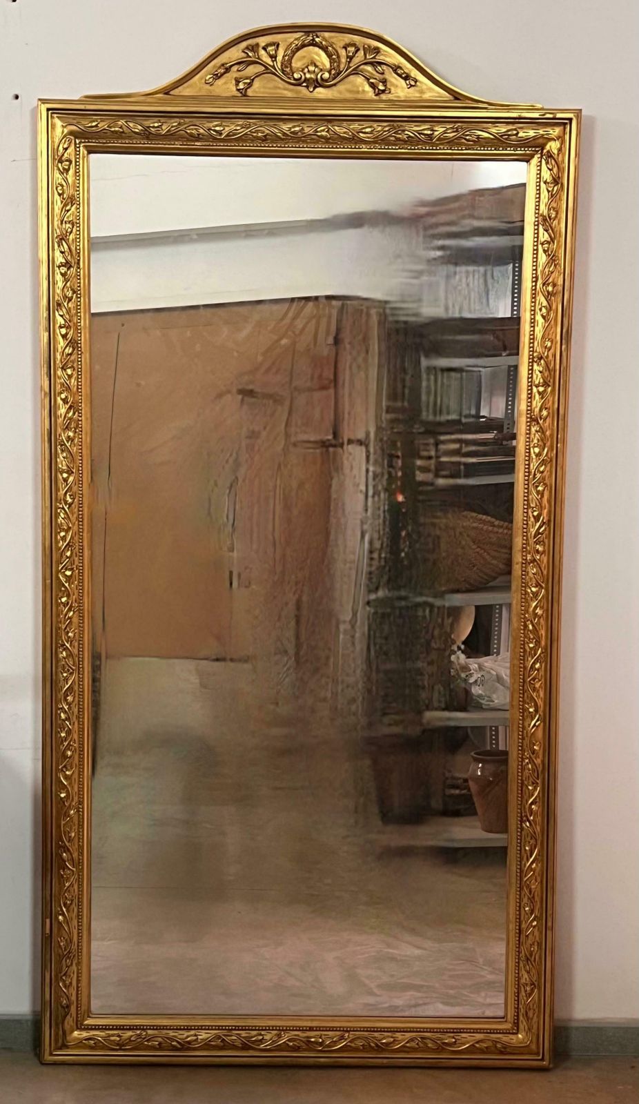 photo for sale French 19th Century Symmetrical Large Vertical Gold Gilt Mirror With Crest 7.8ft