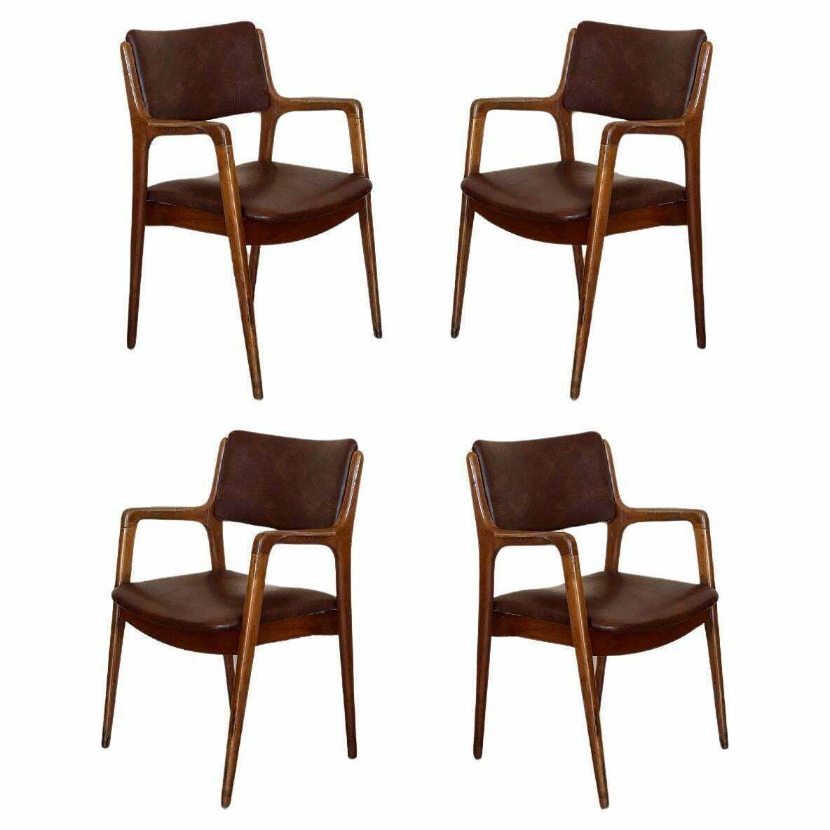 Modern Teak And Brown Leather Armchairs In Erik Buch Style