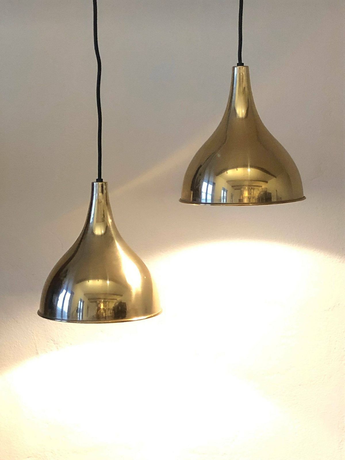 Pair Of Jo Hammerborg Danish Mid Century Modern “Silhuet” Ceiling Lamps In Gold Designed For Fog & Mørup photo for sale