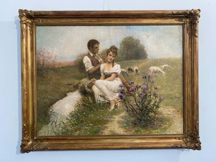 Antique Oil Painting Bucolic Scene Signed Otto Peters Hungary 1890 photo furniture