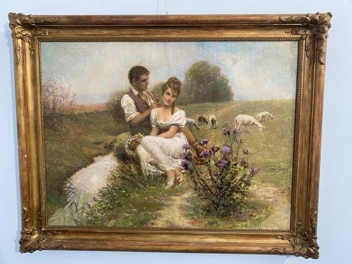 photo furniture Antique Oil Painting Bucolic Scene Signed Otto Peters Hungary 1890