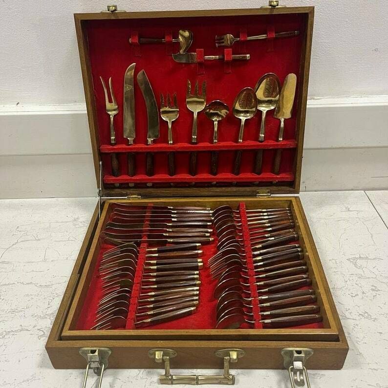 Italian Mid Century Teak Handled 100 Piece Table Setting Set / Flatware