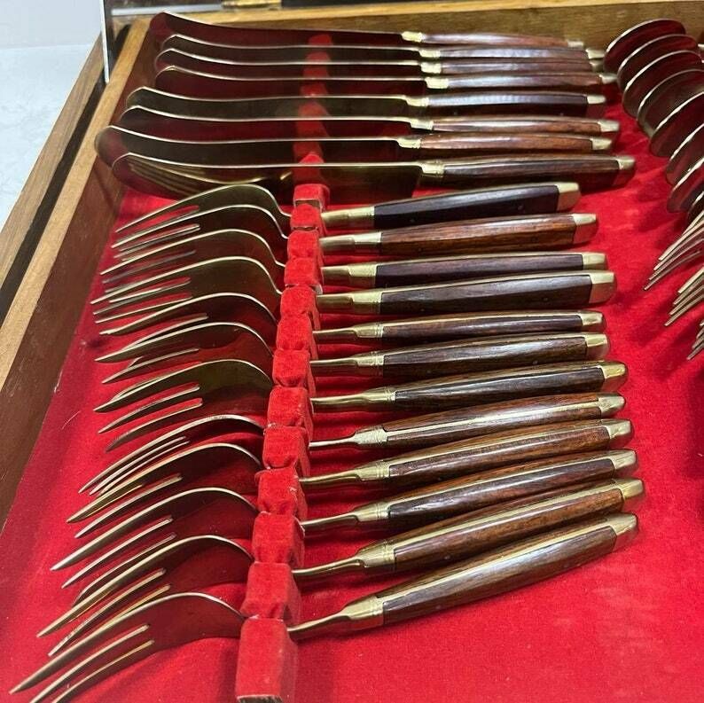 Italian Mid Century Teak Handled 100 Piece Table Setting Set / Flatware photo for sale