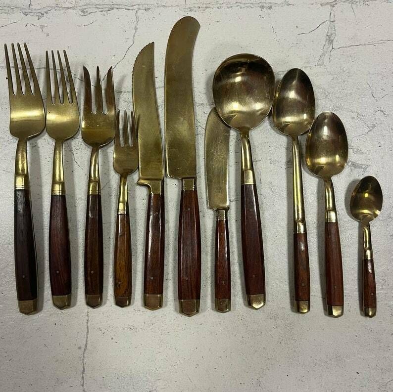 Italian Mid Century Teak Handled 100 Piece Table Setting Set / Flatware photo Home Decor