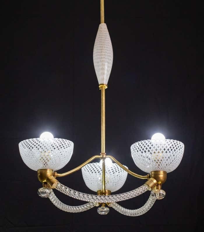 Elegant Art Deco Reticello Murano Glass Chandelier By Venini, 1940 photo furniture
