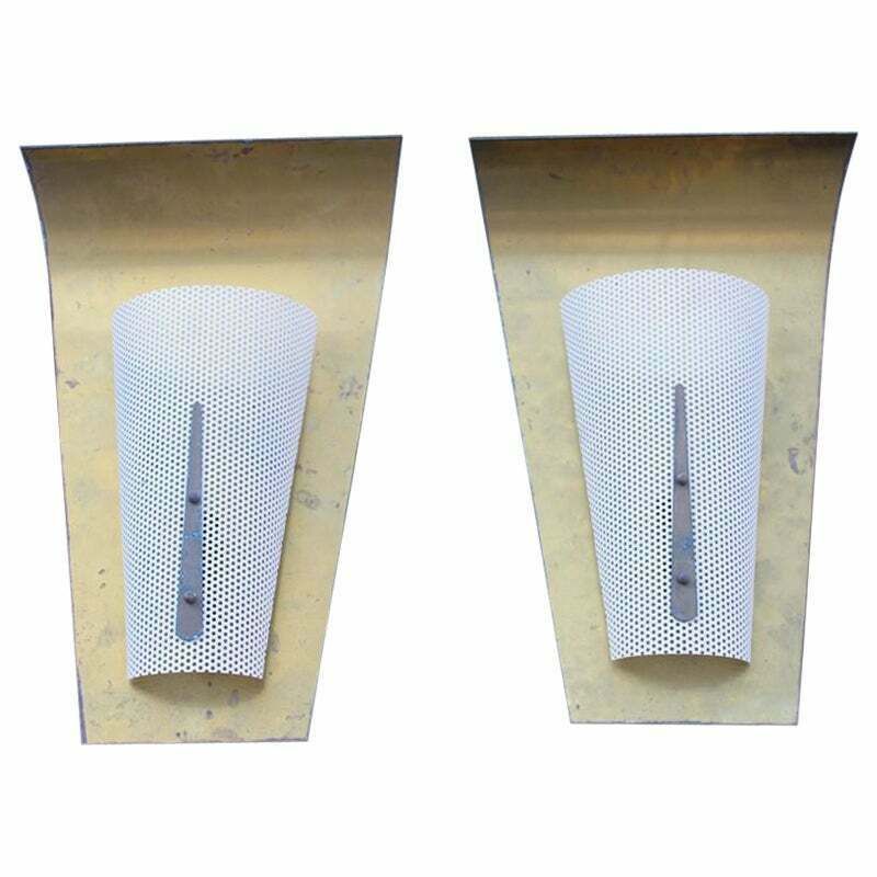 Pair Of French Mid Century Wall Lamps In Brass And Perforated Metal